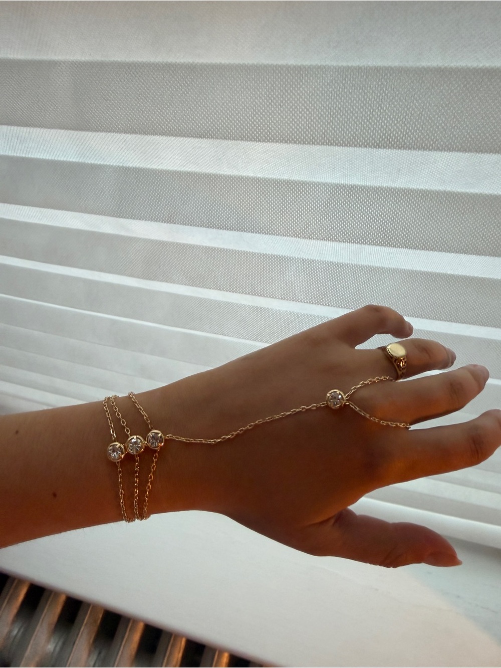 Delicate Gold Hand Chain Bracelet with Bezels
